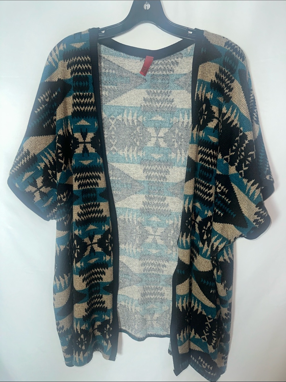 Open-Front Aztec Knit Cardigan - Teal, Black & Cream